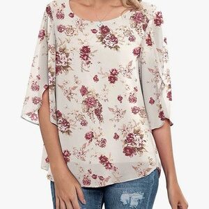 Amazon Cream and Red Flutter Sleeve Floral Blouse